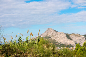 Picturesque landscape along Omis Riviera, Split-Dalmatia, South Croatia, Europe. Golden grasses...