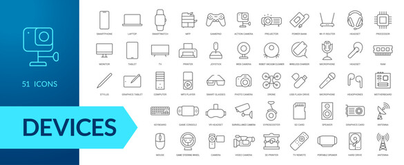 Devices, gadgets, electronics line icon set. Vector illustration. Collection