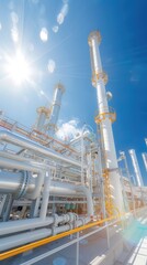 Obraz premium A modern brewery with tall, gleaming equipment under bright blue sky, showcasing advanced brewing technology and infrastructure.