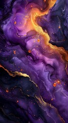Abstract marble background with swirls of purple and gold accents.
