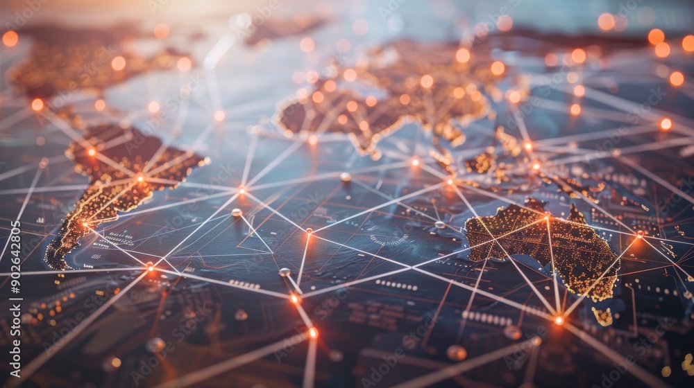 Poster a digital map displays interconnected nodes and lines, illustrating a vast global network of compute