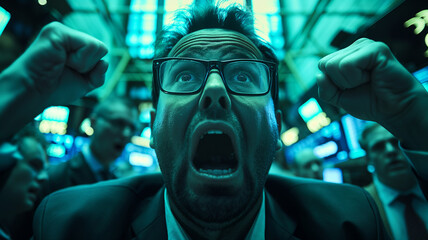 Man Screaming in Excitement on Stock Exchange Floor