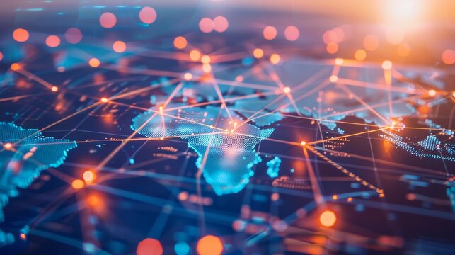 A digital map displays interconnected nodes and lines, illustrating a vast global network of computers against a vibrant sunset backdrop