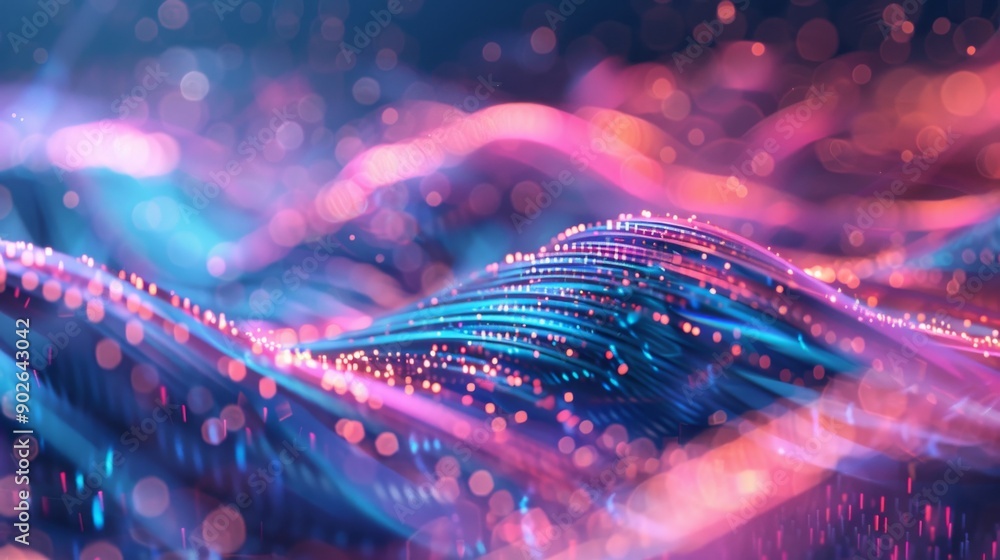 Poster a vibrant digital landscape features neon pink and blue wave lines flowing dynamically, creating an 