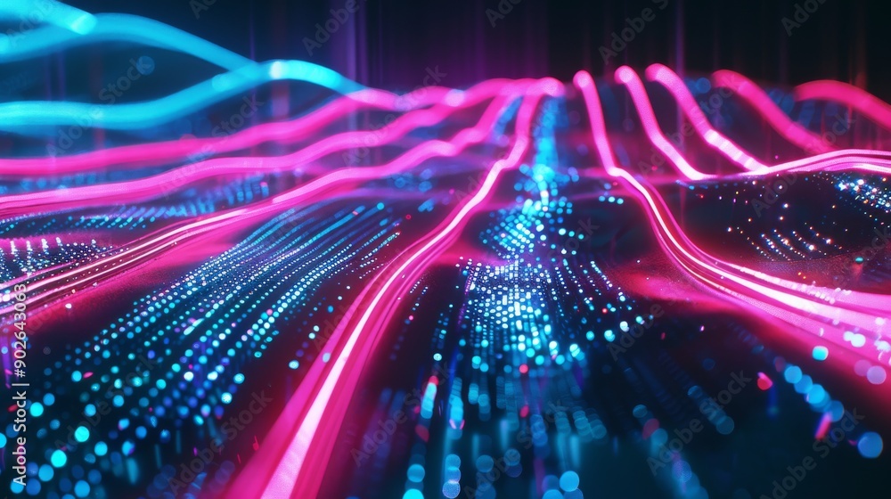 Poster futuristic digital landscape showcases dynamic neon pink and blue wave lines oscillating vibrantly a