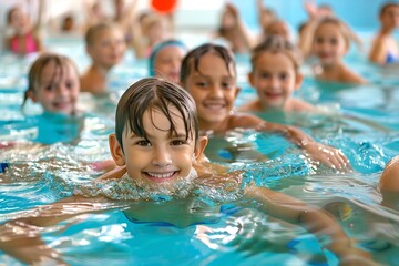 Happy children practicing their swimming skills in an indoor summer pool. Happy kids' group learning to swim in the pool, enjoying their summer break, Generative AI.