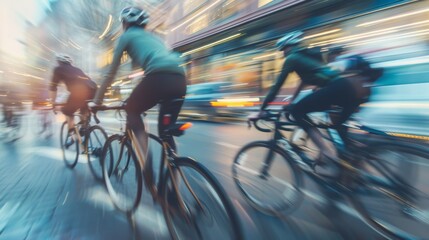 Cyclists navigate through a bustling urban area, showcasing energy and movement with striking motion blur effects