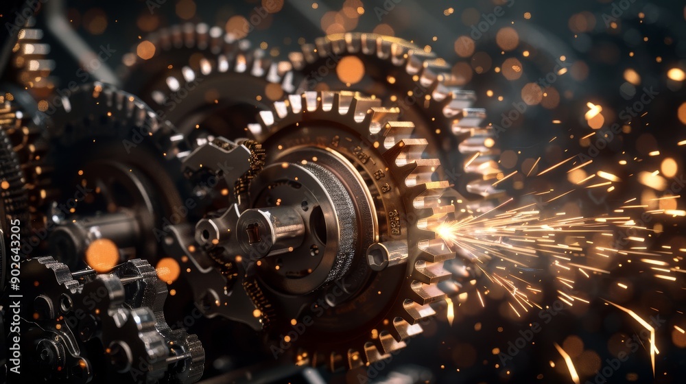 Poster synchronized gears rotate rapidly, producing fiery sparks that illuminate the intricate design and p