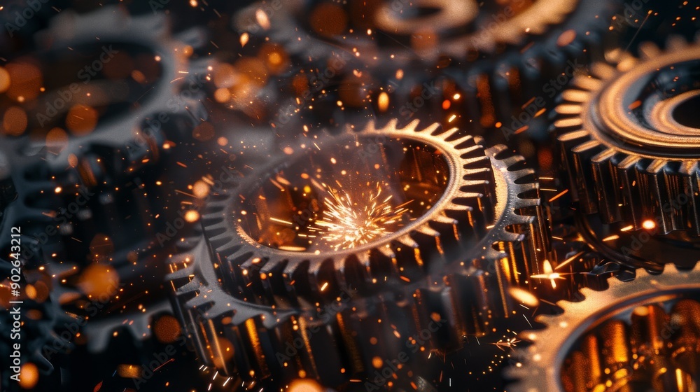 Poster synchronized gears rotate, generating fiery sparks and showcasing the beauty of precision engineerin