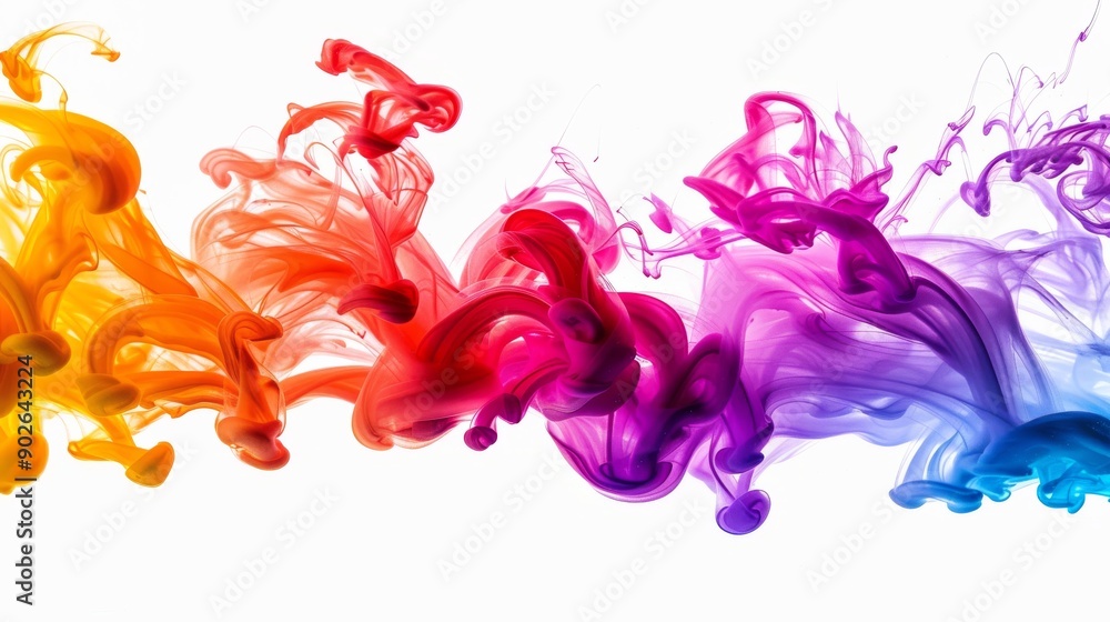 Poster vibrant ink swirls and blends in water, forming captivating abstract patterns against a clear white 