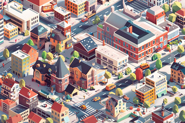 An illustration depicting various aspects of real estate, including houses, apartments, commercial buildings, and construction sites. The scene emphasizes property investment, housing market trends, a