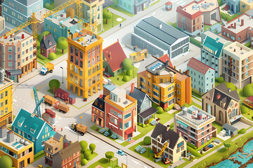 An illustration depicting various aspects of real estate, including houses, apartments, commercial buildings, and construction sites. The scene emphasizes property investment, housing market trends, a