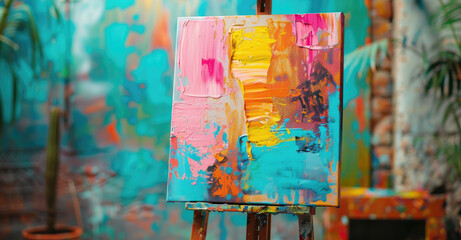 Fototapeta premium Abstract painting on easel in colorful studio featuring bright, bold brushstrokes