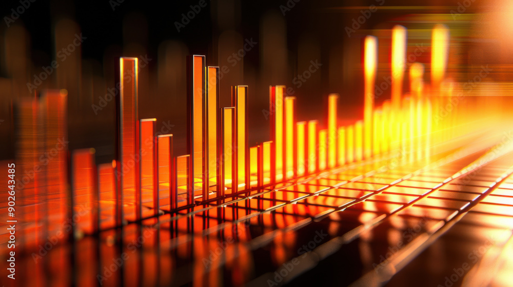 Poster a close-up view of a glowing orange bar graph representing financial data and market trends in an ab