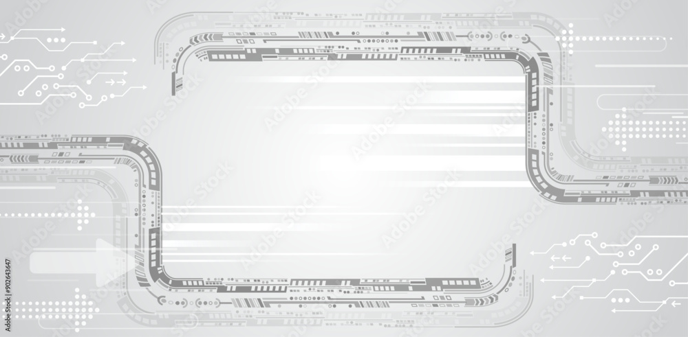 Poster Digital communication, data protection, futuristic presentation, scientific cover. Abstract gray high-tech background consisting of printed circuit board, arrows and other technological elements.
