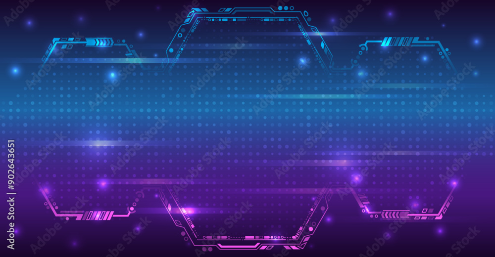 Poster Abstract blue high tech background consisting of hexagons and other technological elements. Digital communication, data protection, futuristic presentation, scientific cover.