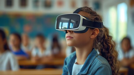 A young girl is an elementary school student participating in lesson using virtual reality headsets.