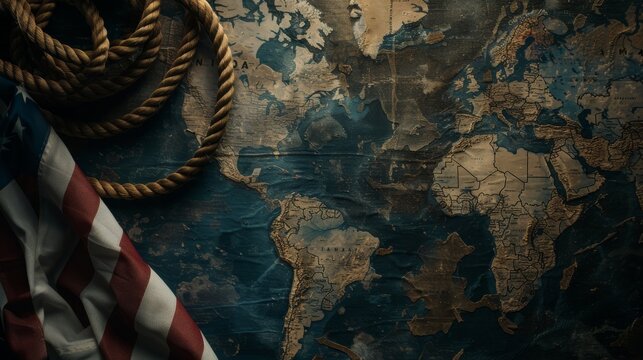 A nautical-themed tabletop displays a weathered world map alongside an American flag and a coiled rope, evoking a sense of adventure and exploration