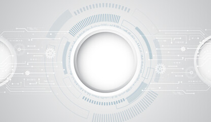 Abstract grey high tech background consisting of printed circuit board circles and other technological elements. Digital communication, data protection, futuristic presentation, science cover.