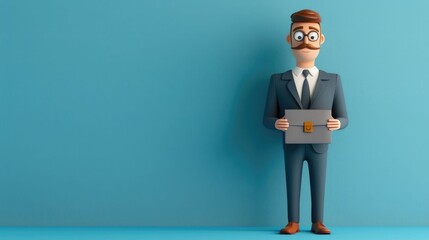 Cartoon 3D Businessman Character in Formal Suit Giving Professional Presentation or Pitch with Briefcase in Deep Depth of Field Background