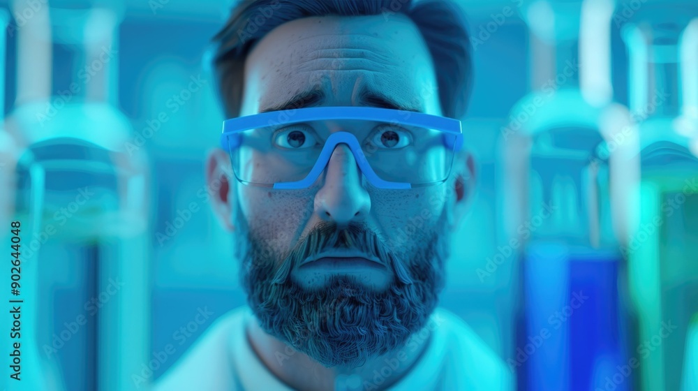 Poster animated scientist deeply focused on meticulously mixing and testing various chemicals in a sophisti