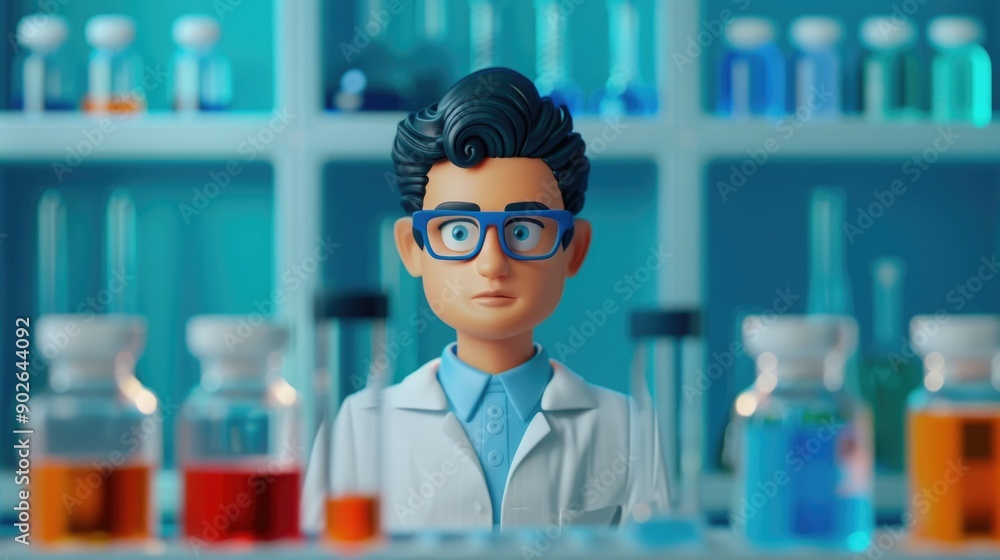 Poster animated 3d rendering of a scientist in a laboratory environment mixing various chemicals in glass f