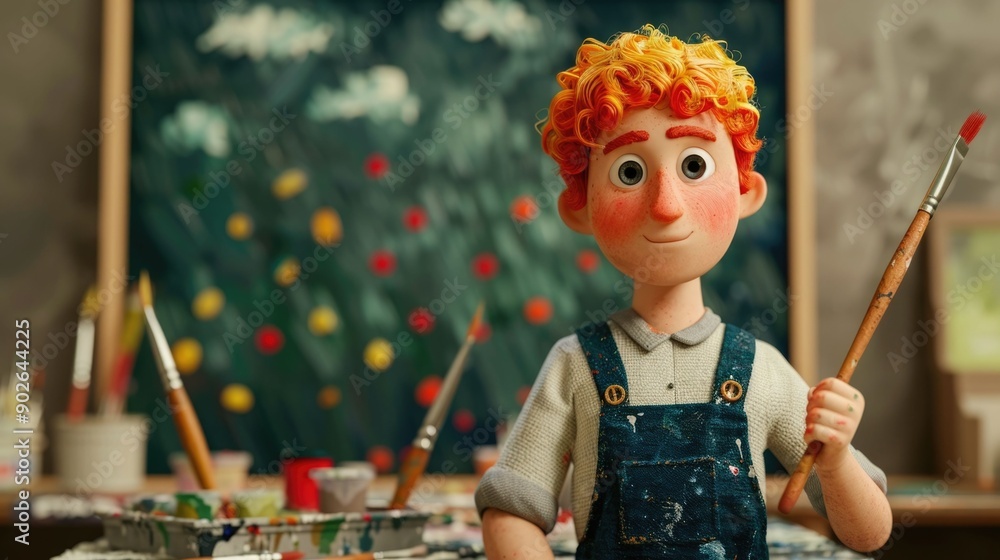 Poster animated 3d character with ginger curly hair and a playful expression wearing dungarees and an apron