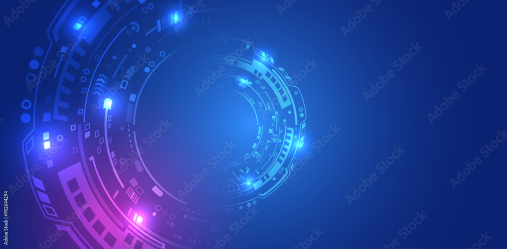Poster Abstract blue high-tech background consisting of circles and other technological elements. Digital communication, data protection, futuristic presentation, scientific cover.