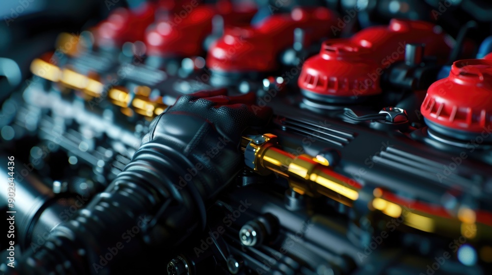 Poster animated 3d mechanic robot figure working on car engine with deep depth of field futuristic automoti