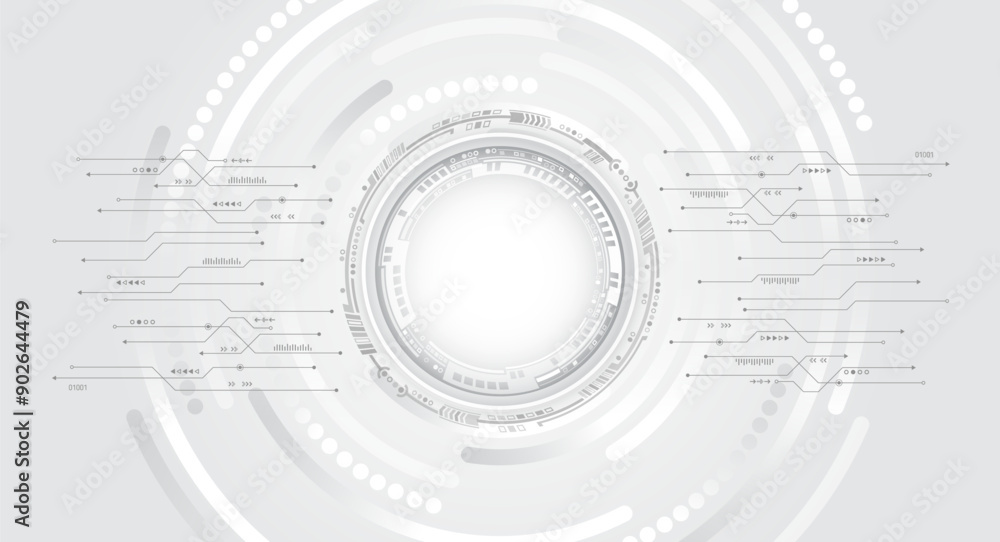 Leinwandbilder Digital communication, data protection, futuristic presentation, science cover. Abstract grey high tech background consisting of printed circuit board circles and other technological elements.