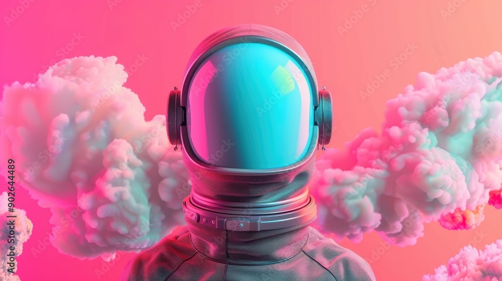 Poster cartoon 3d astronaut floating in a surreal pastel colored cosmic dreamscape with a deep depth of fie