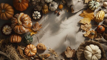 A top-down view of a decorative display showcasing an array of autumn-themed items like pumpkins and leaves, creating a warm, inviting atmosphere