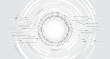 Digital communication, data protection, futuristic presentation, science cover. Abstract grey high tech background consisting of printed circuit board circles and other technological elements.