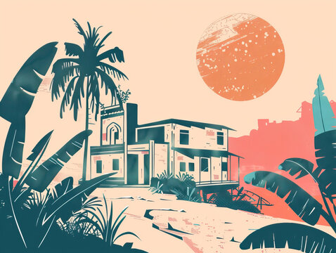 Risograph stencilled riso print travel poster, card, wallpaper or banner illustration, modern, isolated, clear, simple of Blantyre, Malawi. Artistic, screen printing, stencil