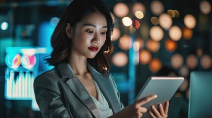 Businesswoman using a tablet in a modern office, analyzing data on a digital screen, surrounded by a futuristic tech environment.