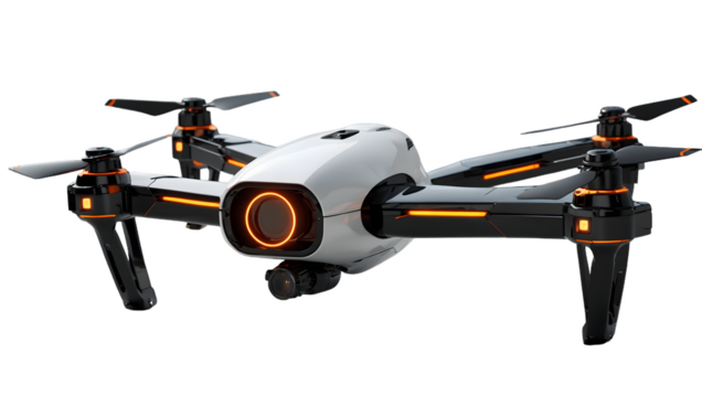 3D Model of Futuristic Drone with Sleek Design and Propellers  isolated on transparent background.