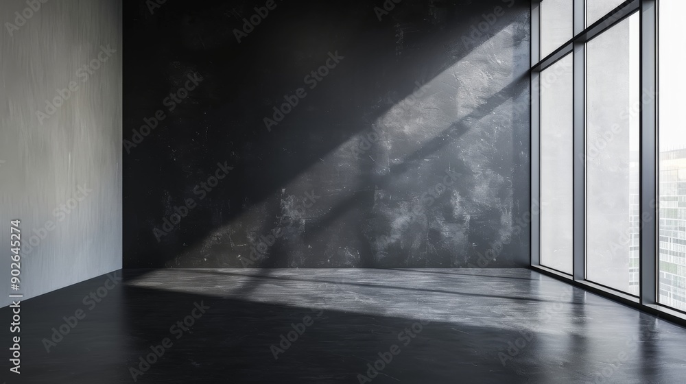 Poster a stylish minimalist room showcases a sleek black wall and empty space, accentuated by sunlight stre