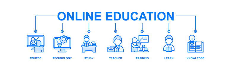Online education banner web icon vector illustration concept with icon of course, technology, study, teacher, training, learn and knowledge
