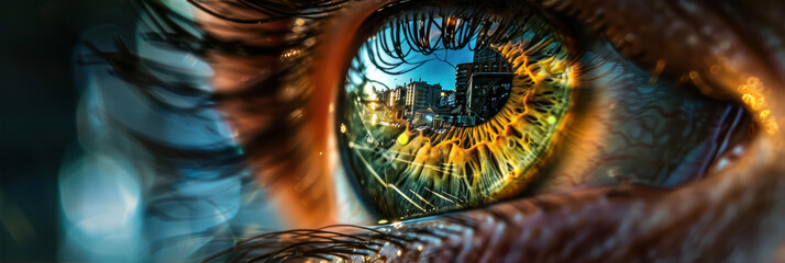 Obraz premium a beautiful scene reflected in the pupil of the eyes