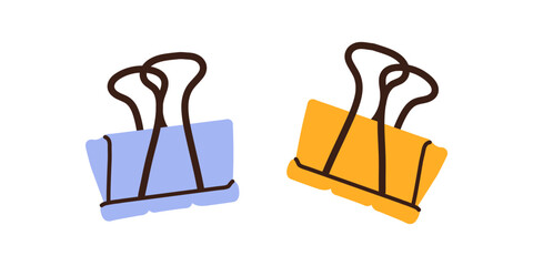 Binder clip, closed binder, paperclip, clamp, foldover clips, office clamp, clasp for document, workflow tool, office stationery, binderclip for documents on white background flat vector illustration.