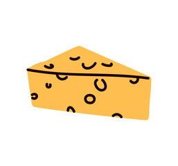 Cheese, triangle piece, swiss cheese, snack, dairy food product, creamy smooth delicatessen, cheesy appetizer, cut block, isolated on white background flat vector illustration.	
