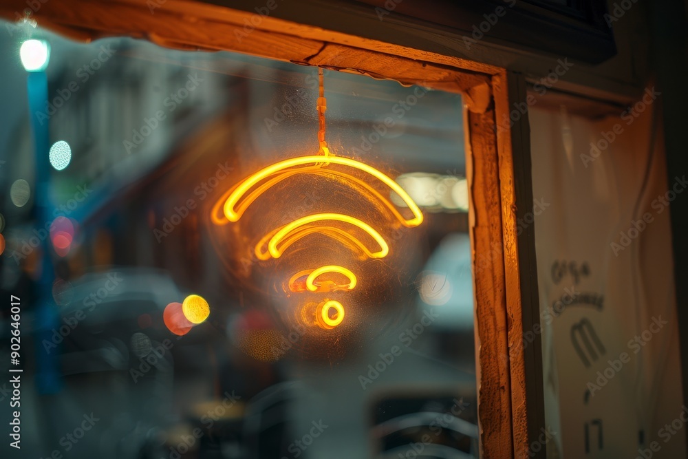Poster neon orange wi fi symbol reflected in a window symbolizing digital connectivity and modern communica