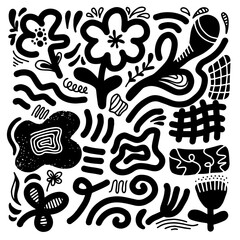 Set of hand drawn abstract vectors. Various Doodle Arrows, Directions, Shapes. Freehand lines, curves, dots, spirals.
