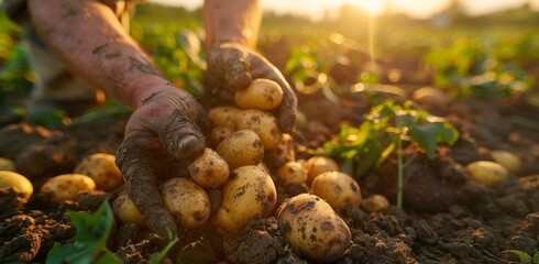 Farmer's hands harvesting fresh potatoes from the soil in a vibrant field