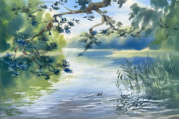 Summer morning by the lake watercolor background