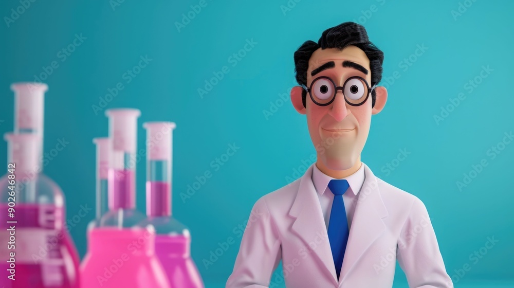 Poster cartoon representation of a scientist conducting experiments and research with various laboratory eq