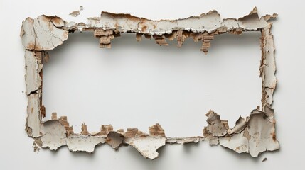 Splintered wooden frame with white background on a white wall.