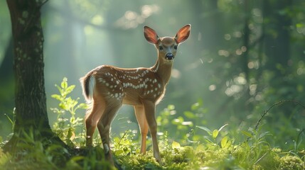 A baby deer standing in a sunlit forest clearing, morning light streaming through trees