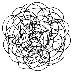 Tangled ball of scribbles. Sketch. Careless tangle of scribbles. Vector illustration. Hand drawn curls folded into a ball shape. Chaotic lines with black pen. Outline on isolated background. 