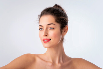 Headshot of a beautiful woman with clean skin and red lipstick against isolated background